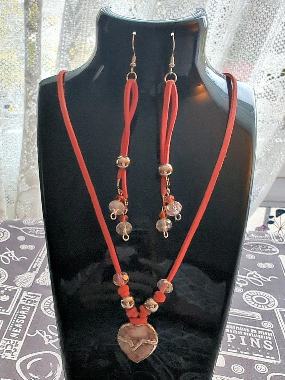 Leather Beaded Heart Pendant Jewelry Set